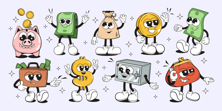 Cartoon money characters in playful comic style on light background symbolizing finance and savings concepts. Vector illustration