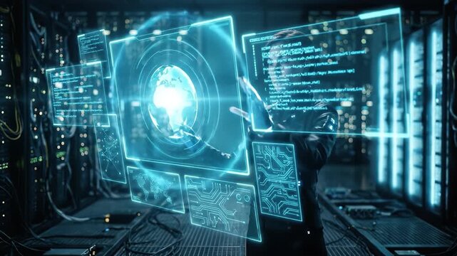 Futuristic technology digital hologram cyber security hacker glowing data computer virtual interface advanced cyber attack analysis glowing screens high tech control panel network environment display