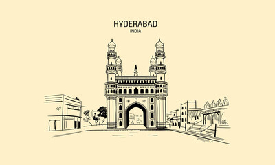 Fototapeta premium Hyderabad India Charminar Monument Sketch Keywords: Hyderabad, India, Charminar, monument
