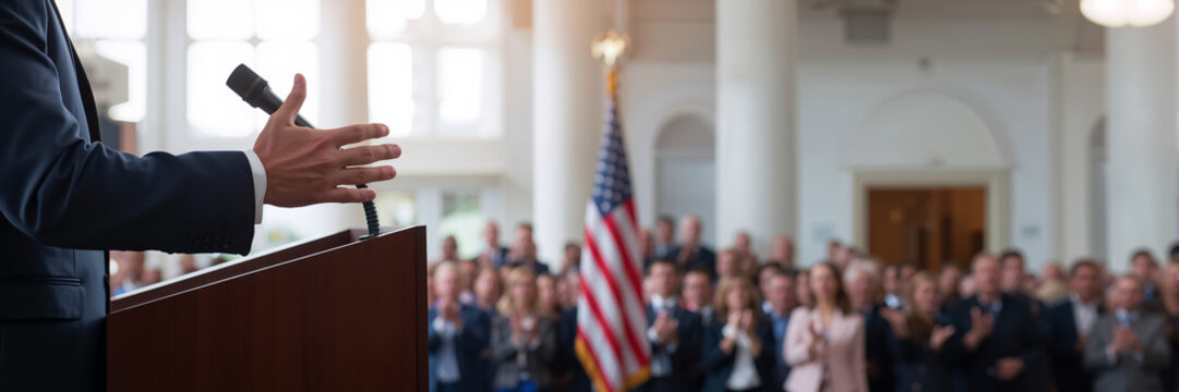 hands of a politician, a man on a pedestal with a microphone, an American flag