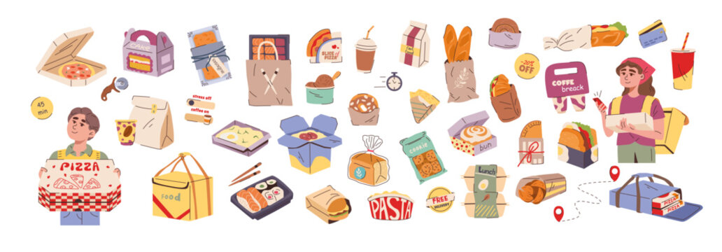 Assorted food delivery items and containers in cartoon style on white background, showing fast service concept. Vector illustration