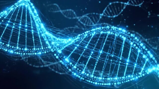 DNA strand genetic code molecular structure blue light science background biotechnology double helix futuristic design glowing particles digital art biology medical research data visualization