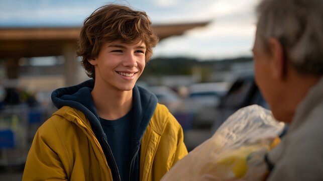 Teenager helping elderly stranger load heavy groceries into car trunk in supermarket parking lot, spring weather, shopping carts nearby, genuine smile, perfect for intergenerational kindness,