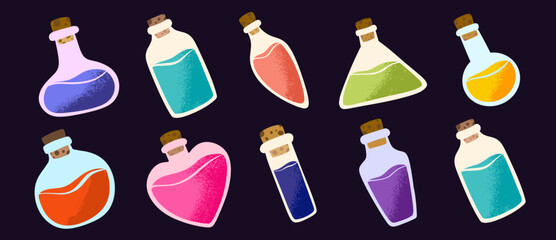 Colorful hand-drawn vector set of magic potion bottles with corks. Isolated on light background, perfect for game assets, UI design, stickers, packaging, posters, and magical themes. © NUR