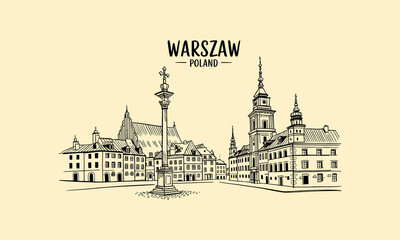 Fototapeta premium Warsaw Poland Old Town Square Column and Buildings Sketch Keywords: Warsaw, Poland, Old Town