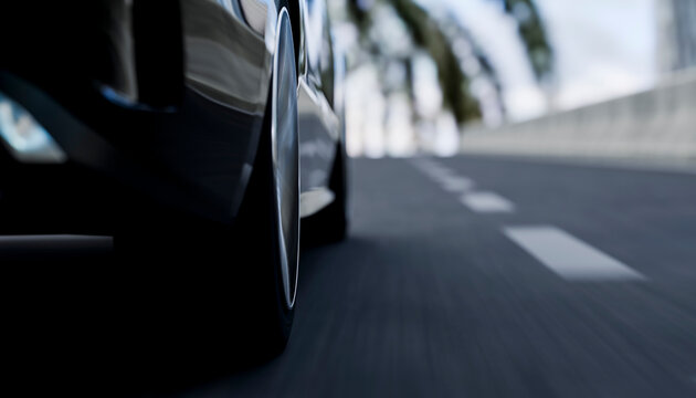 Close-up of a car wheel in motion on a blurred highway, emphasizing speed and movement. Illustration, rendering