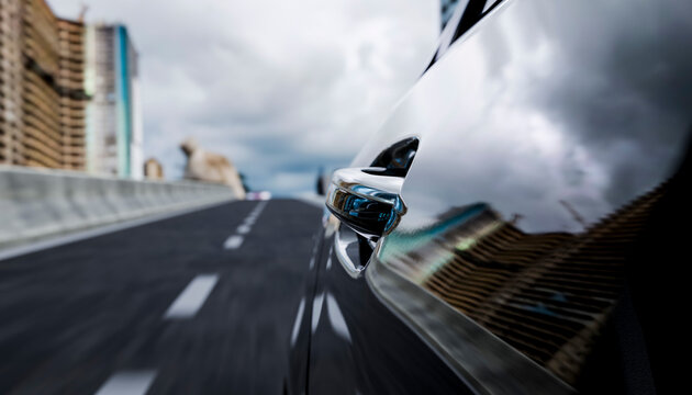 Shiny car door handle reflects urban skyline on a highway with dramatic skies. Illustration, rendering