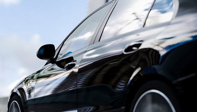 Close-up of a shiny black car reflecting its urban surroundings under a cloudy sky. Illustration, rendering