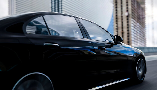 Sleek black car drives past modern glass skyscrapers in an urban environment Illustration, rendering