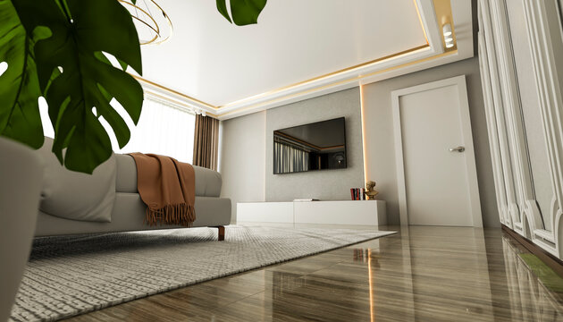 Modern living room with a cozy couch, large plant, and elegant ceiling lights. Illustration, rendering