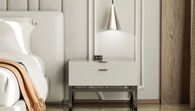 Modern bedroom interior with white bed, orange blanket, nightstand, and metallic lamp. Illustration, rendering