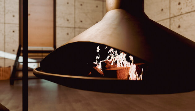 Close-up of a modern hanging fireplace with burning logs in a chic contemporary room. Illustration, rendering