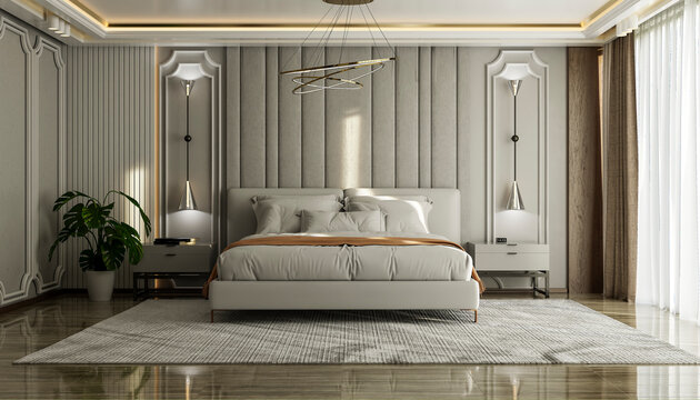Modern bedroom with double bed, plants, nightstands, lamps, and large windows. Illustration, rendering