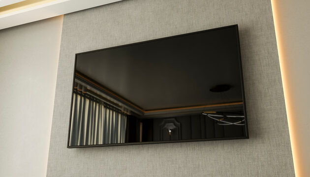 Modern flat-screen TV mounted on a textured wall with a minimalistic design. Illustration, rendering