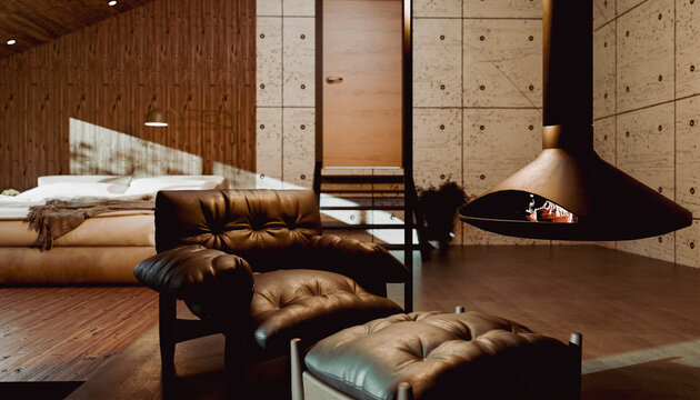 Cozy modern living room with brown leather seating and a central fireplace. Illustration, rendering