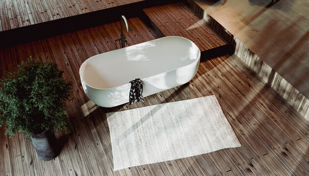 Modern bathroom with white bathtub, wooden floors, and potted plant under natural light. Illustration, rendering