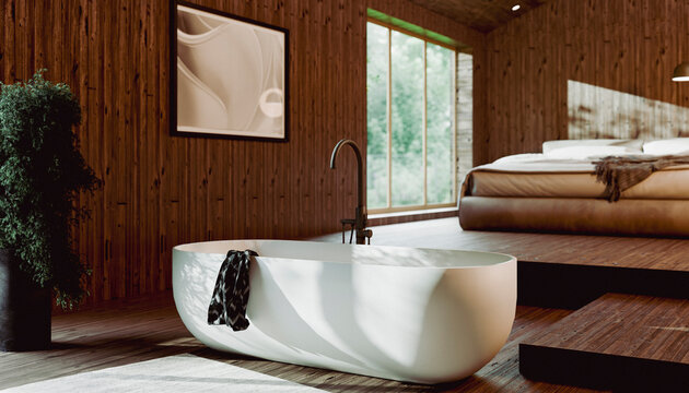 Sunlit modern bathroom with freestanding tub and large bed in a wooden interior. Illustration, rendering