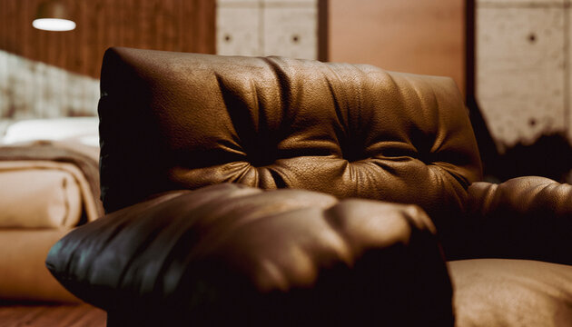 Close-up of textured brown leather armchair in cozy, softly-lit room setting. Illustration, rendering
