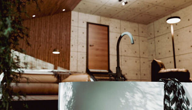 Modern, stylish bathroom with freestanding tub and elegant wooden accents. Illustration, rendering