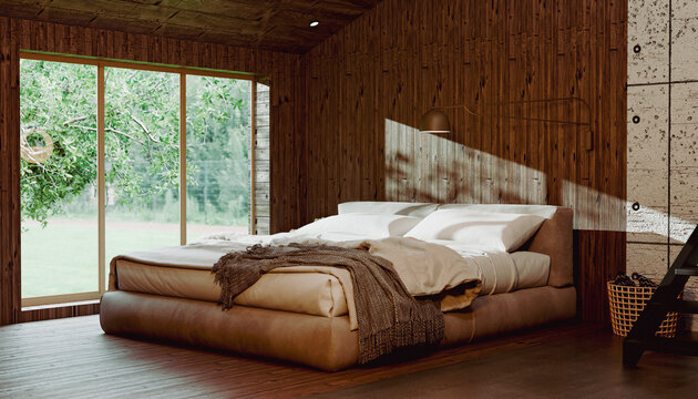 Cozy wooden bedroom with large window and lush outdoor view. Illustration, rendering