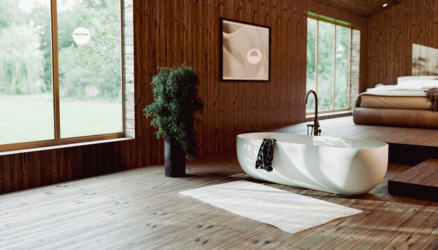 Modern wooden bathroom with freestanding bathtub, large window, and lush plant decor. Illustration, rendering