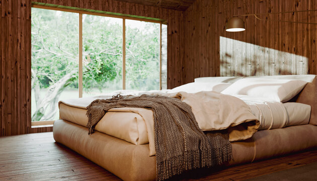 Cozy wooden bedroom with large window overlooking lush green trees outside. Illustration, rendering