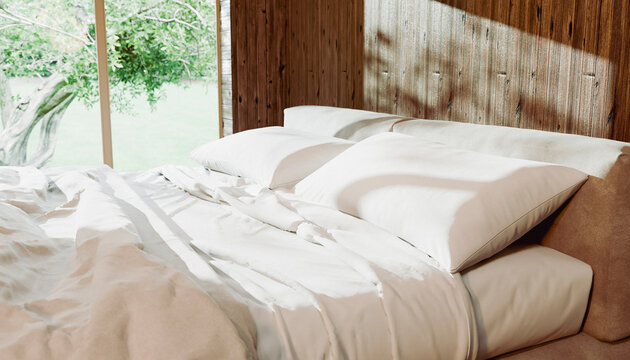 Sunlit bedroom with white pillows and sheets on a bed near a wooden wall and window view.   Illustration, rendering