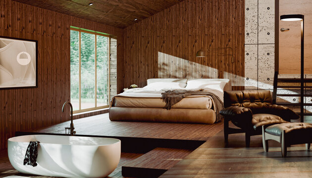 Luxurious wooden bedroom with a large bed, bathtub, and natural light from a window. Illustration, rendering