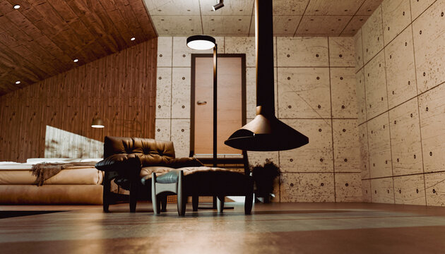 Modern living room with hanging fireplace, leather chair, ottoman, and minimalist design. Illustration, rendering