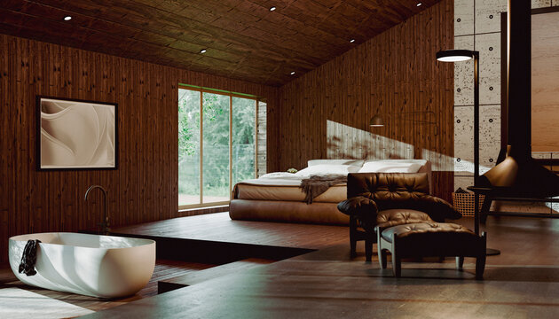Luxurious wooden bedroom with a freestanding bathtub and modern decor. Illustration, rendering
