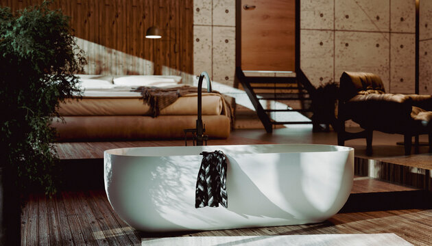 Luxurious bathroom with freestanding bathtub and stylish modern bedroom in view. Illustration, rendering