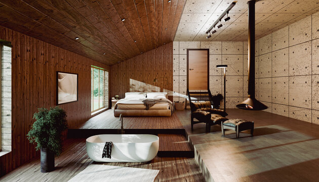 Luxurious wooden bedroom with modern decor and freestanding bathtub. Illustration, rendering