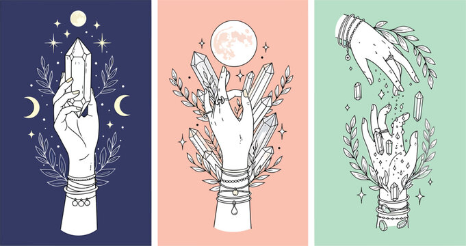 Mystic Hands with Crystals and Moon Phases