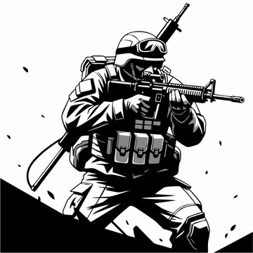 Soldier in combat gear runs forward with rifle e55.eps