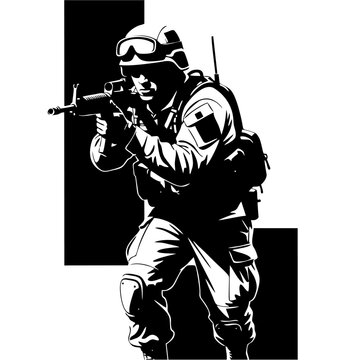 Soldier in tactical gear aims rifle forward in dynamic stance e47 eps