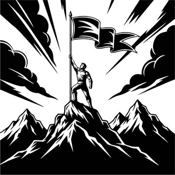 Person standing on mountain peak holding flag in e46 style illustration