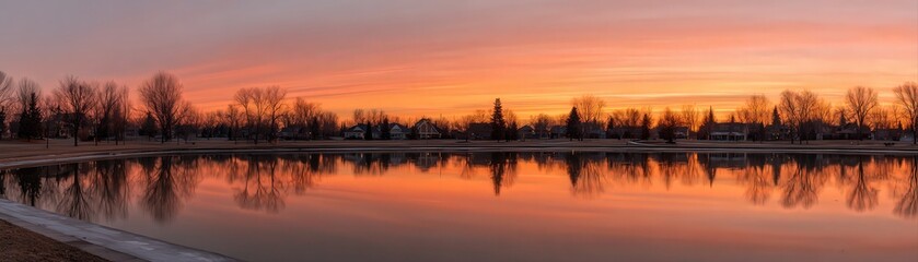 Obraz premium A serene sunset over a calm lake creates a picturesque scene with vibrant colors reflecting in the water, ideal for nature-themed projects, relaxation imagery, or backgrounds,