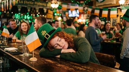 Obraz premium Red-haired woman asleep at pub counter wearing green hat during lively Saint Patrick’s Day celebration