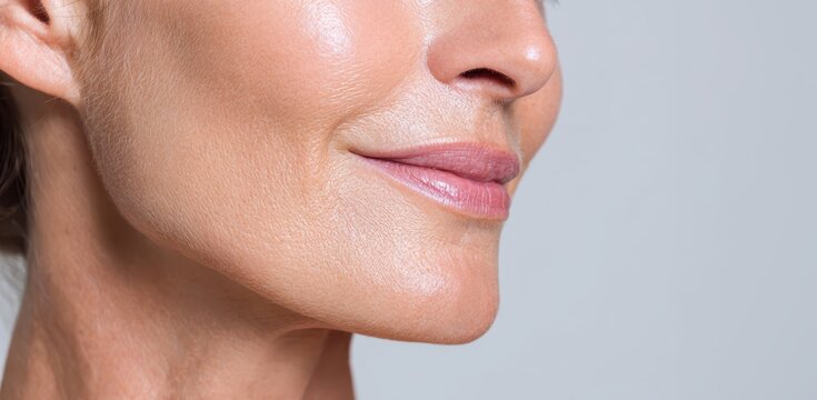 Woman showing healthy skin profile with natural makeup and smiling lips, highlighting beauty, skincare, and facial care concepts on a light background