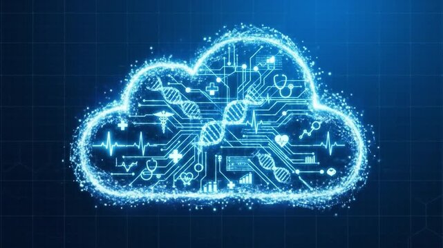Cloud computing digital technology medical data healthcare innovation DNA strand electronic health record futuristic design data network heart rate stethoscope health monitoring electronic circuit
