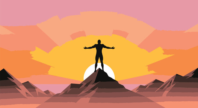 Triumphant Man Standing on Mountain Peak at Sunset.