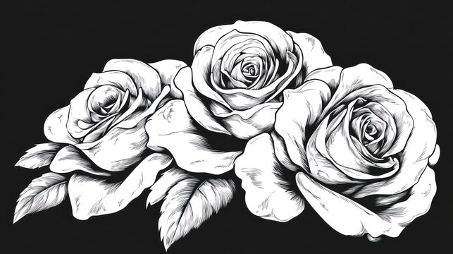 Black and white detailed rose illustration.  Three roses elegantly arranged