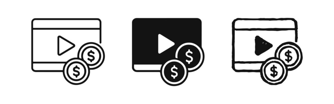 Video monetization and earning money online icon set. Paid video content and streaming income symbols. Digital media profit and revenue generation icons.