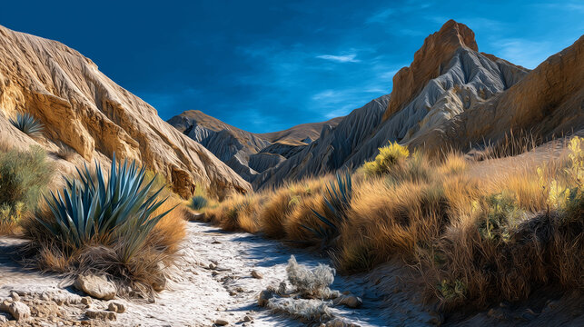 Tabernas Desert sunlit ravines and dry riverbeds, agaves and tamarisks, cinematic western palette of tans and ultramarine sky, painterly poster look, no people, no text