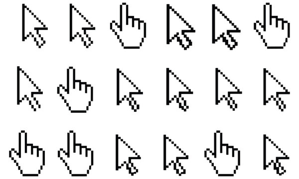 Collection of various pixelated cursor icons in black on white background, showcasing different pointer and hand symbols for user interface design, digital art, and graphical elements in a minimalist