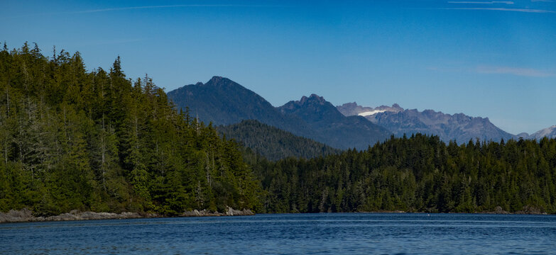Calm lake surrounded by lush green forest and distant mountains under a clear blue sky. Ucluelet, Vancouver Island, Canada