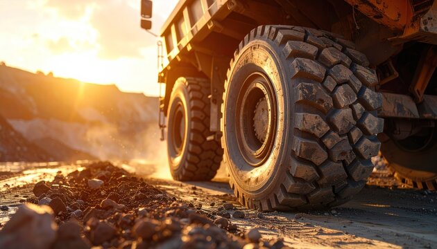 Large truck tires on dirt road at sunrise