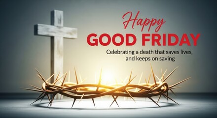 Happy good friday celebration with crown of thorns and cross on gray background