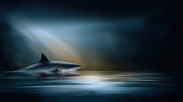 Shark swimming in dark ocean waters