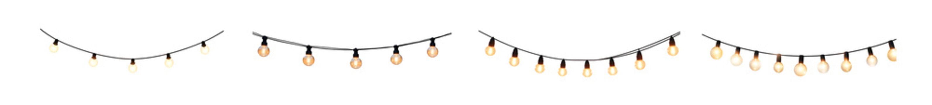 Set of String of warm yellow lights, decorative outdoor illumination for events transparent png background